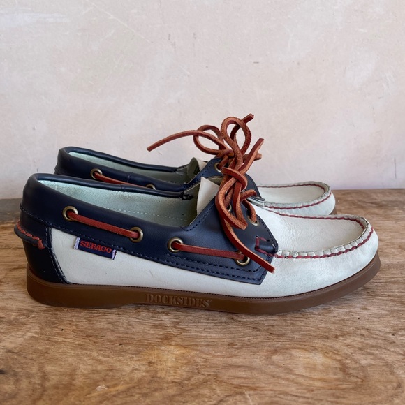 SEBAGO DOCKSIDERS Preppy Handmade Leather Navy & Creamy Blue Loafers Sz 6M NICE! - Picture 7 of 12